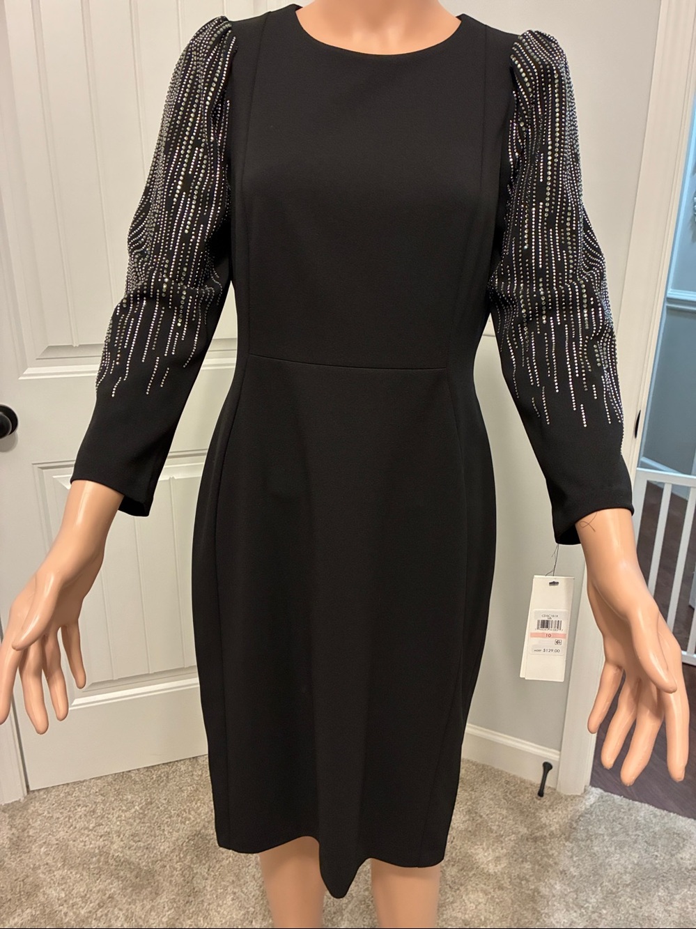 Black Long-Sleeve Sheath Dress with Embellished Puff Sleeves